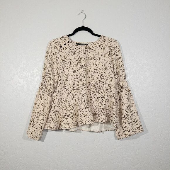 Zara Beige Dot Bell Sleeve Top‎ Size Medium - Picture 1 of 7